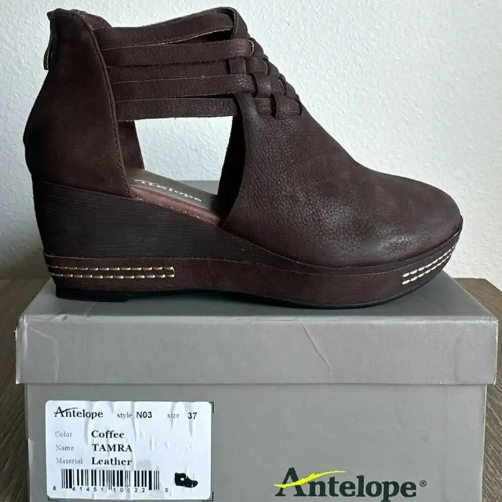 Antelope Tamra N03 Coffee Leather Woven Wedge Bootie Cutout Zip Women Size 6 37